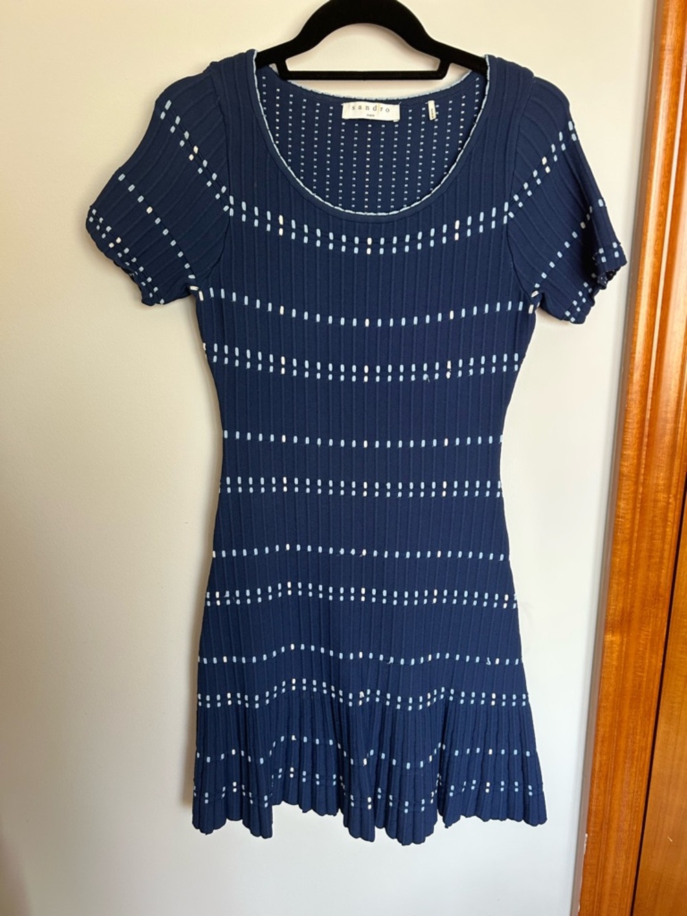 Sandro Navy Knit Short-Sleeve Fit-and-Flare Mini Dress